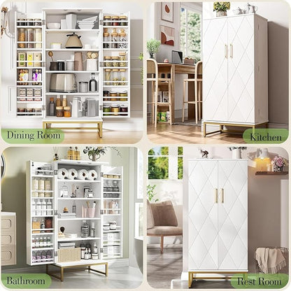 51” Kitchen Pantry Storage Cabinet, White Freestanding Pantry Cabinets with Doors and Adjustable Shelves, Buffet Cupboards Storage Cabinet for Home Office Use, Dinning Room(White + Gold)