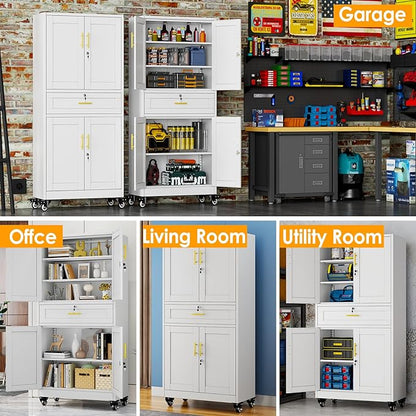Metal Tall Storage Cabinet with Drawer, Garage Storage Cabinet with Locking Doors and 3 Adjustable Shelves, 71" H Steel Cabinets for Garage, Home, Office, White, Assembly Required