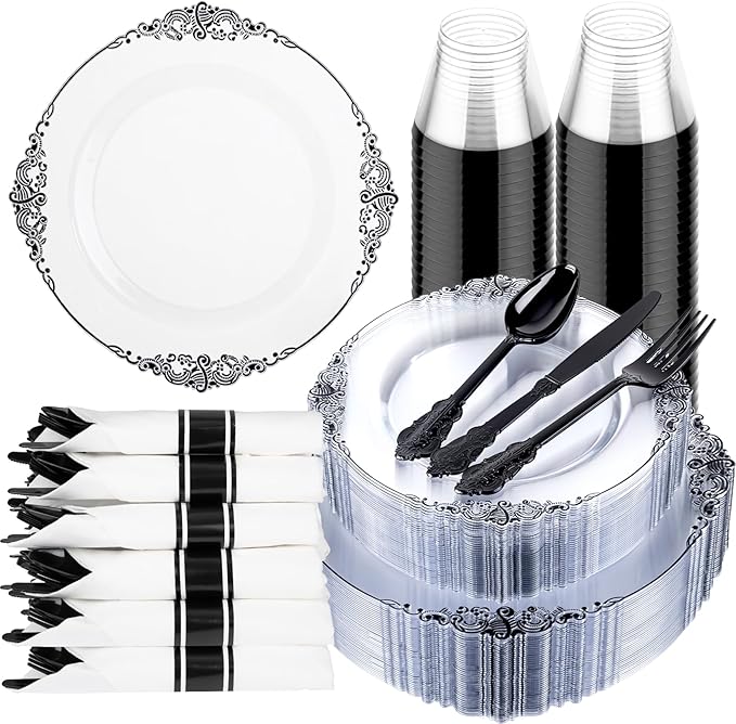 Hioasis 175pcs Clear Black Plastic Plates - Elegant Disposable Dinnerware Set Suitable for 25 Guests Include 10.25" Dinner & 7.5" Dessert Plates, Pre Rolled Silverware Set, Cups for Party & Wedding