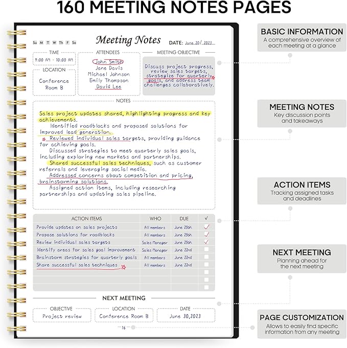 Meeting Notebook for Work Organization - Work Planner Notebook with Action Items, Agenda Planner for Note Taking, 160 Pages (6.9" X 9.9") Project Organizer for Men & Women - Black 1