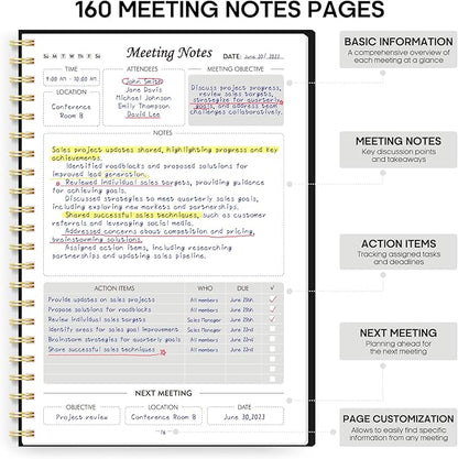 Meeting Notebook for Work Organization - Work Planner Notebook with Action Items, Agenda Planner for Note Taking, 160 Pages (6.9" X 9.9") Project Organizer for Men & Women - Black 1