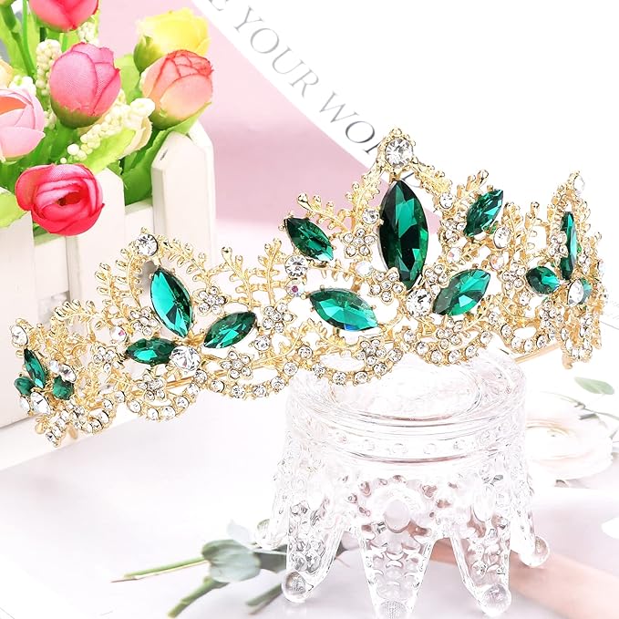 Green Tiara for Women Gold Crown for Girls Wedding Princess Birthday Crystal Rhinestones Headbands for Prom Bridal Party Halloween Costume Christmas Gift