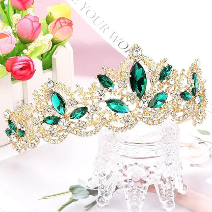 Green Tiara for Women Gold Crown for Girls Wedding Princess Birthday Crystal Rhinestones Headbands for Prom Bridal Party Halloween Costume Christmas Gift
