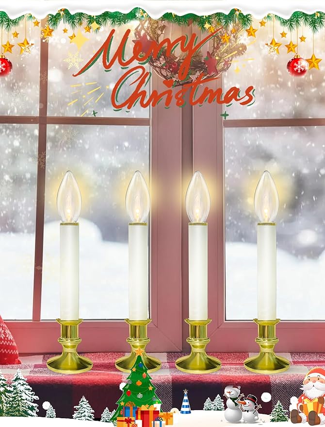10 Pack Christmas Window Candles with 3V Ultra-Bright LED Warm White Bulbs, LED Battery Operated Window Candles, Gold Base, Flameless Candlestick for Indoor Christmas Window Table Mantel, Steady On