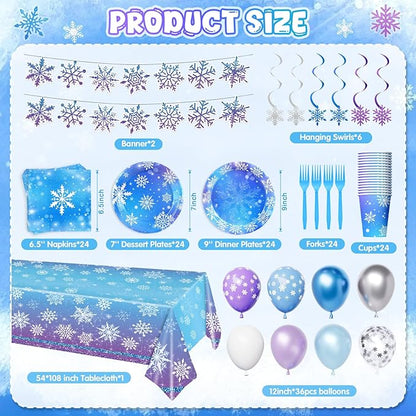 Winter Birthday Party Decorations Serve 24, Snowflake Winter Wonderland Decorations Disposable Tableware Includes Paper Plates Napkins Tablecloth for Christmas Winter Holiday New Year Birthday Party