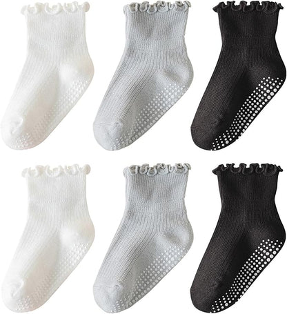 6 Pairs Toddler Ruffle Socks for Girls Baby Grip Socks Non Slip Socks Cute Grippy Frilly