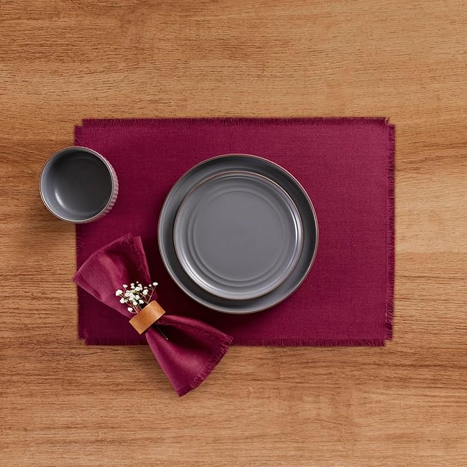 Solino Home Linen Beet Placemats Set of 4-100% Pure Linen Placemats 14 x 19 Inch for Fall, Autumn, Christmas, Holiday, Winter, New Year - Fringe