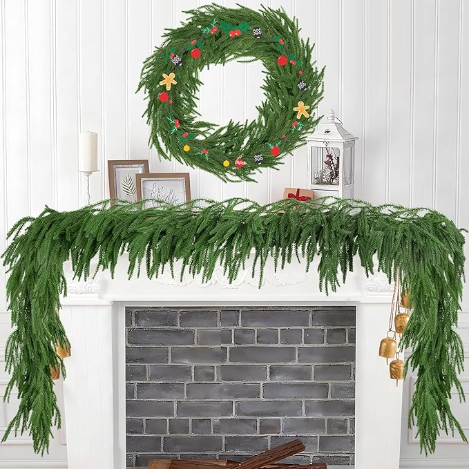 6FT Christmas Garland Artificial Norfolk Pine Garlands Real Touch Winter Green Greenery Garland Christmas Decoration Xmas Garland for Door Table Mantle Wall Indoor Outdoor Christmas Decor