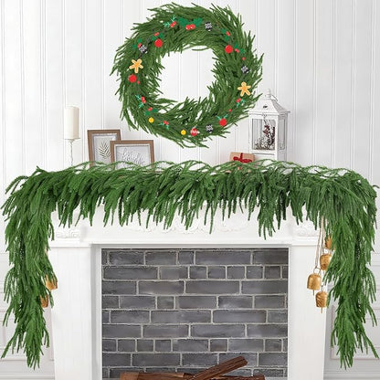 2Pcs 6FT Christmas Garland Artificial Norfolk Pine Garlands Real Touch Winter Green Greenery Garland Christmas Decoration Xmas Garland for Door Table Mantle Wall Indoor Outdoor Christmas Decor