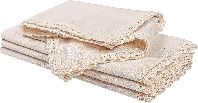 Cloth Napkins Reusable Natural Cloth Dinner Napkins Set of 4 Cotton Flax Fabric Oversized 20x20 Inches Cloth Napkins with Lace for Parties Weddings Washable Cocktail Napkins Thanksgiving Decor