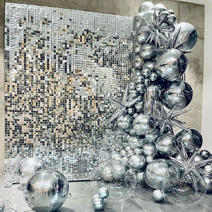 COKAOBE Silver Shimmer Wall Backdrop, 24PCS Square Sequin Shimmer Backdrop Panel, Photo Backdrops for Birthday, Anniversary, Wedding, Graduation & Bachelorette Party Decoration