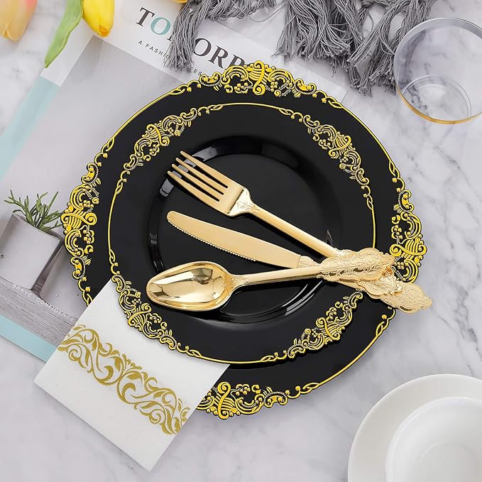 Hioasis 175pcs Black and Gold Plastic Plates - Elegant Disposable Dinnerware Set Suitable for 25 Guests Include 10.25" Dinner & 7.5" Dessert Plates, Cutlery, Napkins, Cups for Party & Wedding