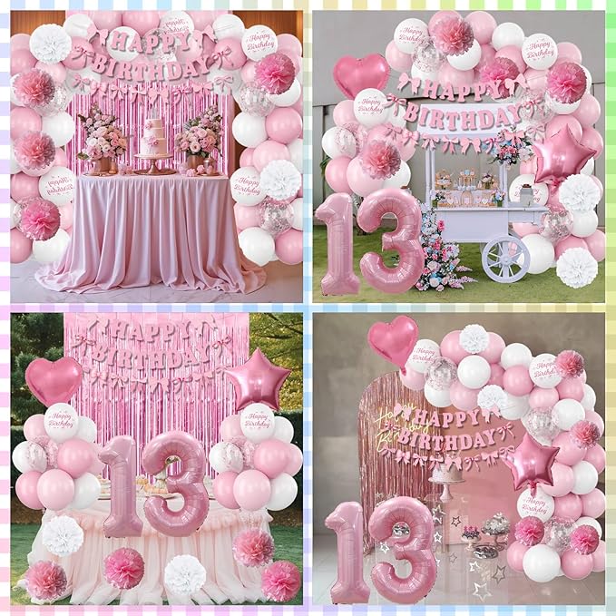 13th Birthday Decorations for Girls Pink Number 13 Balloon Bow Coquette Happy Birthday Banner Fringe Curtain Paper Pom Poms Star Heart Foil Pink White Balloons 13 Year Old Party Decor