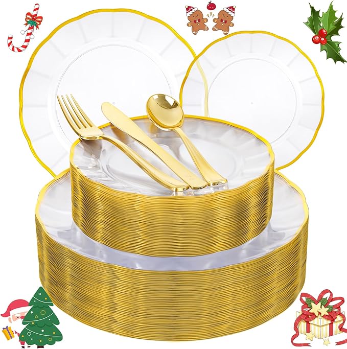 EI 150pcs Clear Plastic Plates with Gold Plastic Silverware,Disposable Plate Heavy Duty,Clear and Gold Dinnerware Set,Elegant Plates for Party,Wedding,Thanksgiving,Christmas,New Year