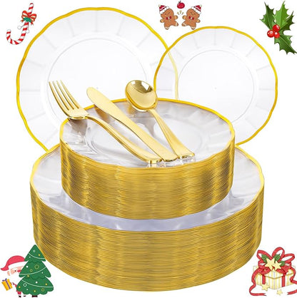 EI 150pcs Clear Plastic Plates with Gold Plastic Silverware,Disposable Plate Heavy Duty,Clear and Gold Dinnerware Set,Elegant Plates for Party,Wedding,Thanksgiving,Christmas,New Year