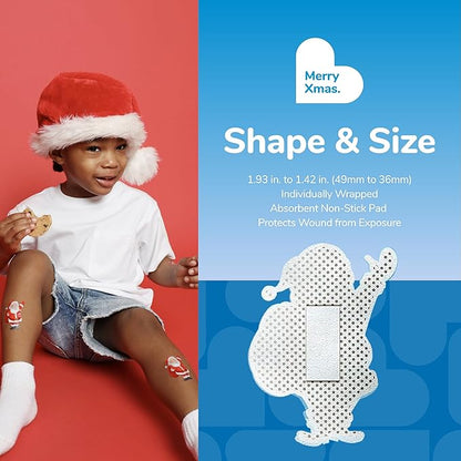 BioSwiss Kids Bandages, Christmas Santa Claus Shaped Self Adhesive Bandage Set, Latex Free, Sterile Wound Care, 50 Count