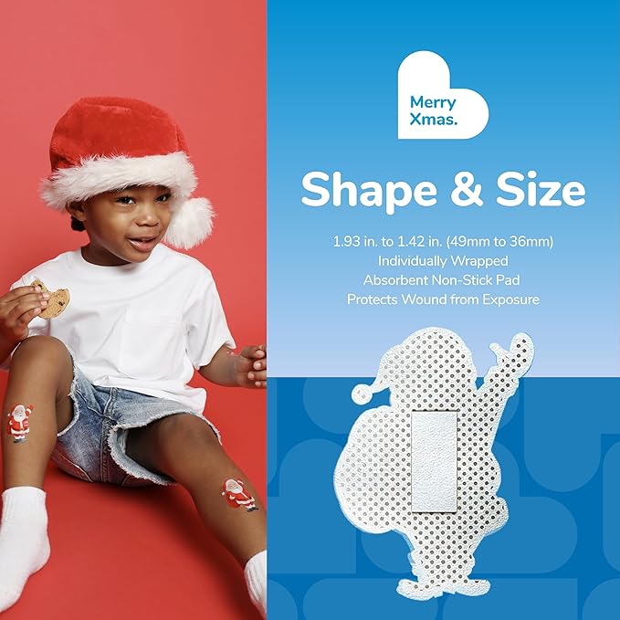 BioSwiss Kids Bandages, Christmas Santa Claus Shaped Self Adhesive Bandage Set, Latex Free, Sterile Wound Care, 24 Count
