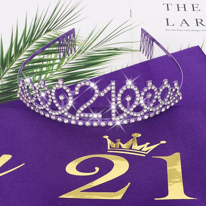 CIEHER Purple 21st Birthday Tiara and Sash, 21st Birthday Crown