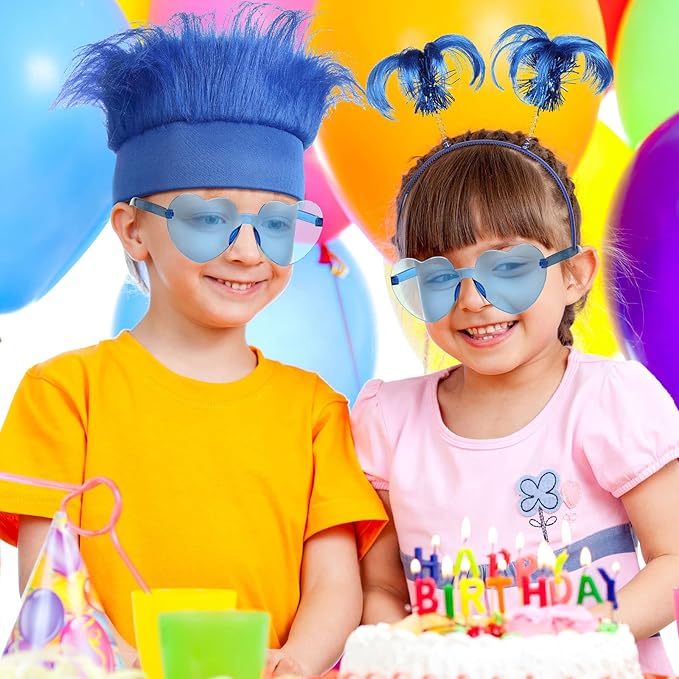 Yunsailing 24 Pcs Blue Hairy Costume for Women Ponytails Hairy Headband Feathers Heart Shape Sunglasses Outfits for Men(Blue)
