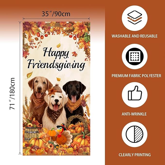 Friendsgiving Door Cover Banner Happy Thanksgiving Party Decorations, Dog Pumpkin Maple Leaves Give Thanks Turkey Friendsgiving Door Party Decorations