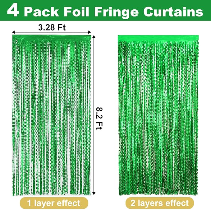 4 Pack Green Fringe Curtain Backdrop 3.2Ft x 8.2Ft Metallic Tinsel Foil Fringe Streamers Background for Photo Booth Mother's Day, Easter, Carnival, Birthday, Wedding Party Decoration