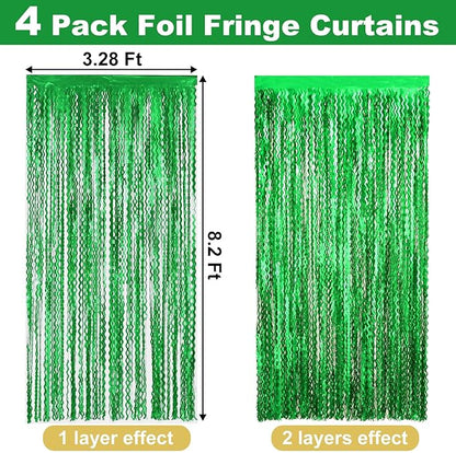 4 Pack Green Fringe Curtain Backdrop 3.2Ft x 8.2Ft Metallic Tinsel Foil Fringe Streamers Background for Photo Booth Mother's Day, Easter, Carnival, Birthday, Wedding Party Decoration