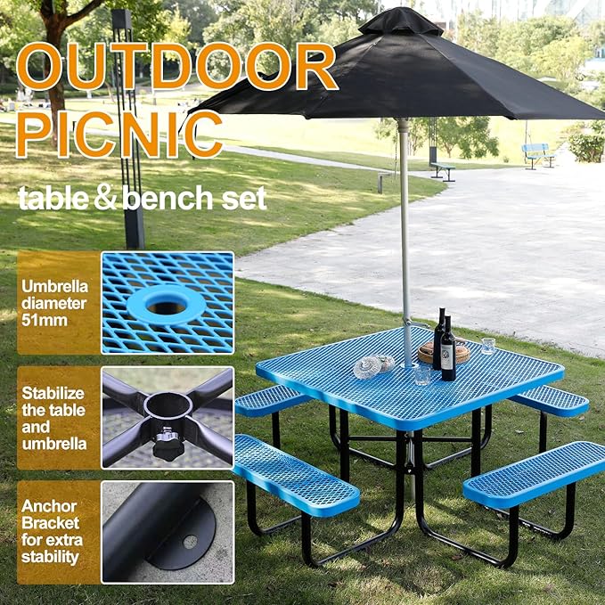 46-Inch Square Outdoor Picnic Table – Commercial Heavy-Duty Steel Dining Table with Thermoplastic Coating, Weather & Rust Resistant, Ideal for Parks, Patios, Schools, Campgrounds (Blue)