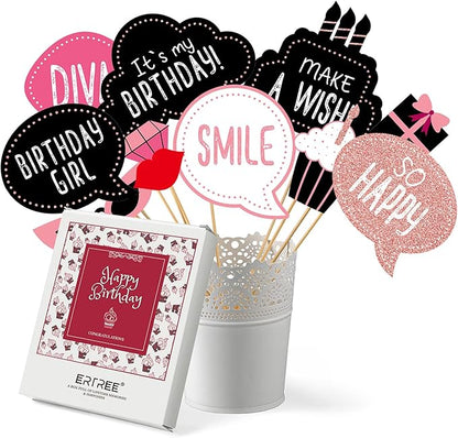 Birthday Photo Booth Props Kit - Happy Birthday Party Favors Supplies Bday Party Decoration Set with Real Glitter Cute Bday Designs for Women - Easy to Assemble 30 Pieces (Rose Gold)