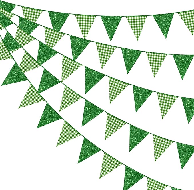 Glitter Green Party Pennant Banner Flag Green Buffalo Plaid Hanging Paper Triangle Bunting for Birthday Baby Shower Christmas Holiday Wedding Bridal Shower St Patrick's Day Party Decorations Supplies