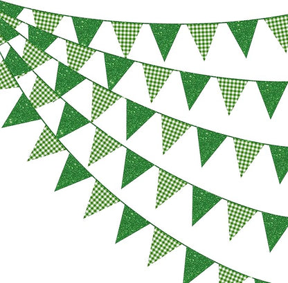 Glitter Green Party Pennant Banner Flag Green Buffalo Plaid Hanging Paper Triangle Bunting for Birthday Baby Shower Christmas Holiday Wedding Bridal Shower St Patrick's Day Party Decorations Supplies
