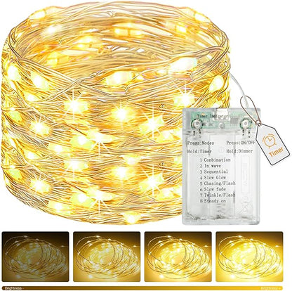 btfarm Fairy Lights Battery Operated with Timer 8 Modes, 16.4 FT 50 LED Silver Wire Twinkle String Lights Battery Powered Dimmable Waterproof for Indoor Home Party Wedding Christmas Decor, Warm White