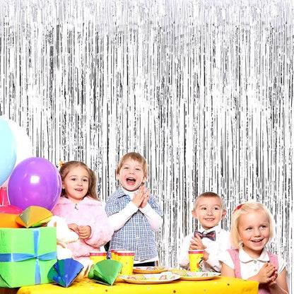 4 Pack Silver Foil Fringe Curtain Backdrop, 3.28Ft x 8.2Ft Metallic Tinsel Foil Fringe Streamer Curtains for Photo Booth Props, Birthday, Wedding, New Year’s, Christmas Decoration Party Supplies