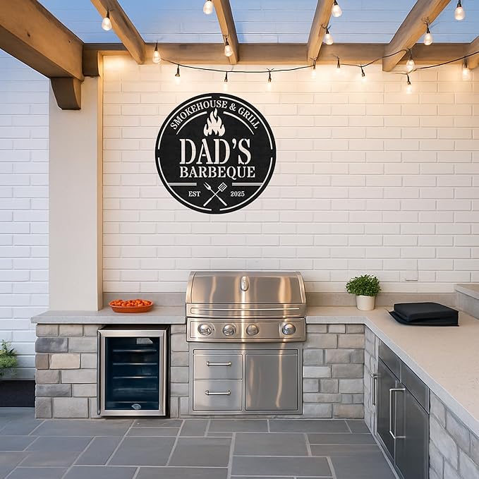 Custom BBQ Workshop Metal Sign, Personalized Grill Cut Name Wall Decor for Garage, Rustic Outdoor Cooking Area Gift