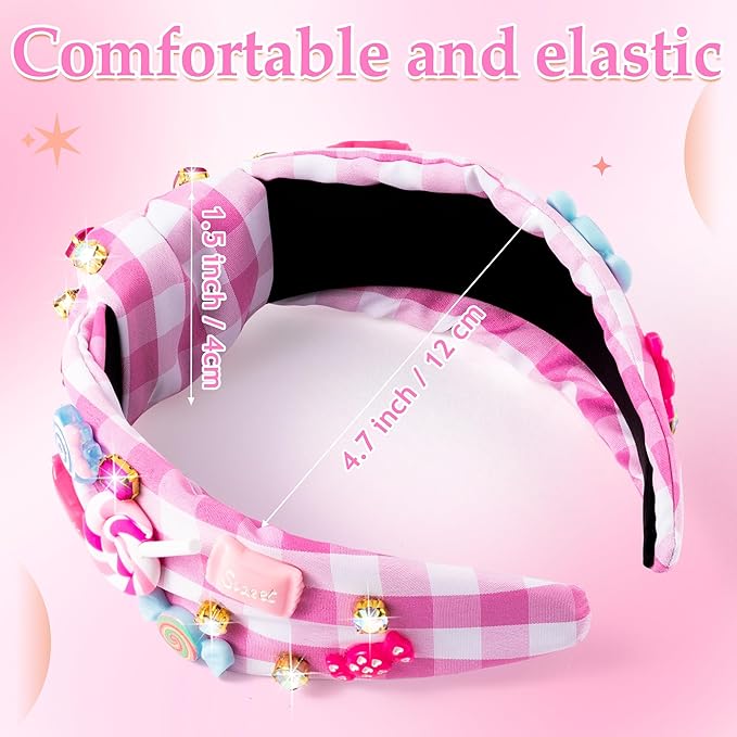 PANTIDE Candy Jeweled Knotted Headband - Christmas Sugar Lollipop Rhinestone Crystal Embellished Preppy Headband Wide Top Knot Hairband Hair Accessories Birthday Gift for Women Girls (Pink Plaid)