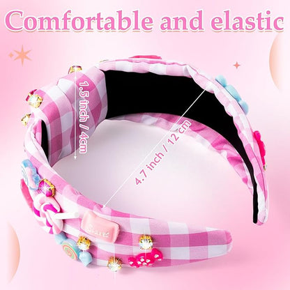 PANTIDE Candy Jeweled Knotted Headband - Christmas Sugar Lollipop Rhinestone Crystal Embellished Preppy Headband Wide Top Knot Hairband Hair Accessories Birthday Gift for Women Girls (Pink Plaid)