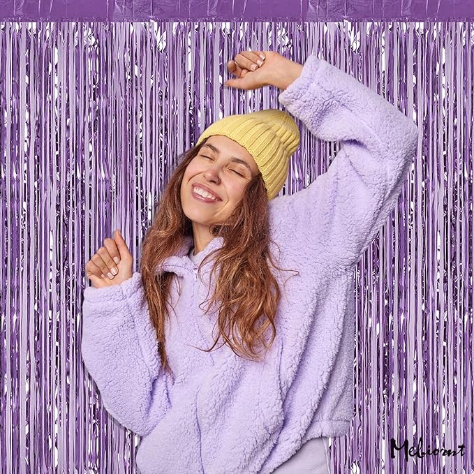 4 Pack Light Purple Fringe Curtain Backdrop, 3.2Ft x 8.2Ft Metallic Tinsel Foil Fringe Streamers Background for Photo Booth Birthday Wedding Baby Shower Carnival Easter Mother’s Day Party Decorations