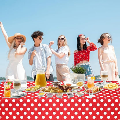 WNINK 6 Pack Red and White Polka Dot Tablecloths – Disposable Plastic Waterproof Table Cover, 54" x 108", for Birthday, Wedding, Bridal Shower, Bachelor Party, and Picnic