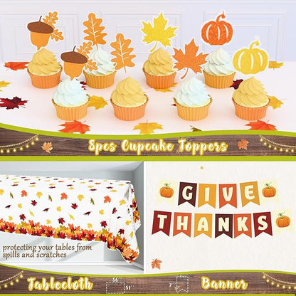 Thanksgivng Party Decorations Kit, Fall Give Thanks Party Supplies, Autumn Fall Pumpkin Backdrop Balloon Garland Maple Leaves Toppers Backdrop Tablecloth for Thanksgiving Party Decorations Set