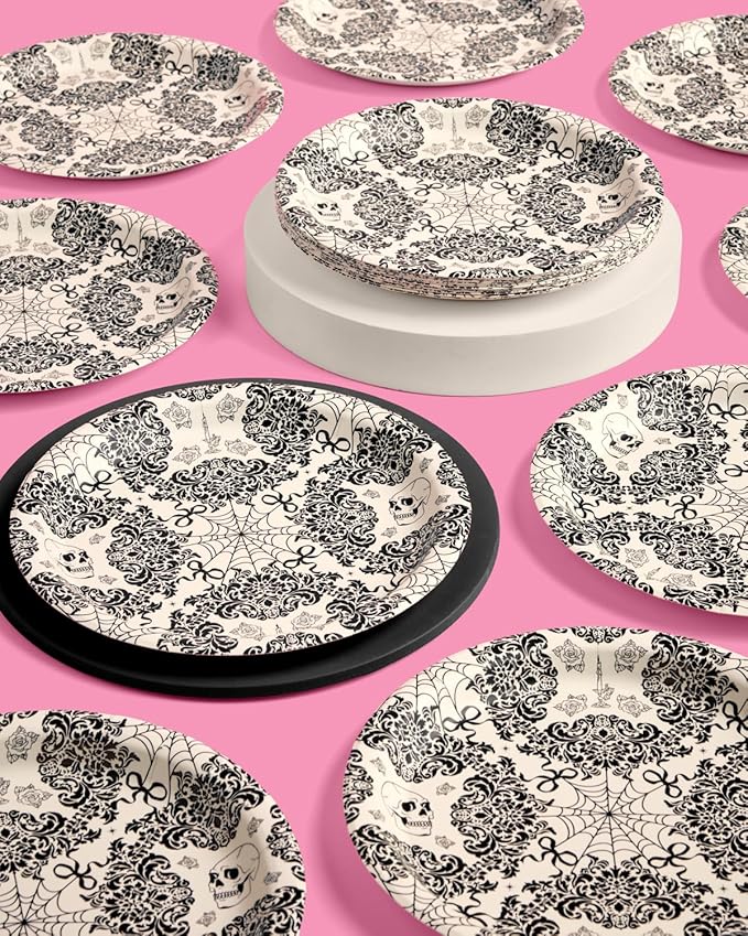 xo, Fetti Romantic Horror Paper Plates | 25 pcs | Gothic Party Tableware, Spooky Chic Dinnerware, Halloween Romance Decor, Dark & Elegant Party Supplies