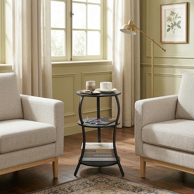 Small Round Side Table with Charging Station, 3-Tier Waist Circular End Table with Storage Shelf, Compact Tea Sofa Side Table Small Spaces, Round Corner Coffee Table for Living Room Bedroon,Black