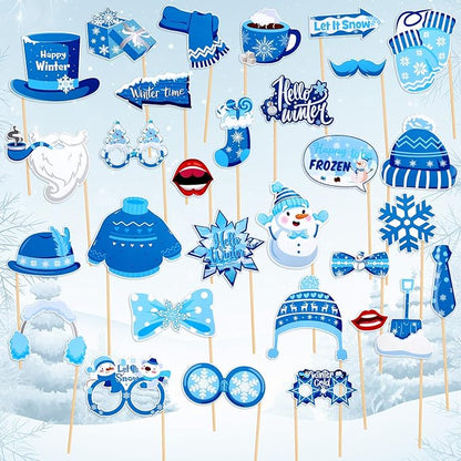 31 PCS Snowflake Photo Booth Props Winter Snowman Photo Props Winter Wonderland Party Decorations for Xmas Holiday Party Christmas Party Supplies Favors