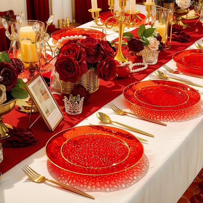 Rubtlamp 60 Pcs Red Plasitc Plates, Gold Red Disposable Plates, Fancy Party Plates, Hammered Plastic plates Include 30 Dessert Platos, 30 Dinner Platos for Party, Thanksgiving&Christmas