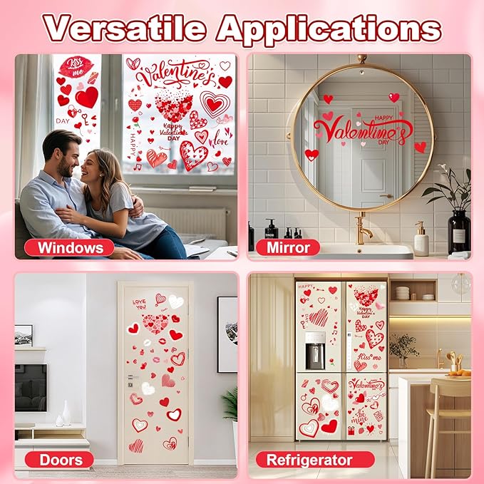 Valentines Day Window Clings Decorations, Red Heart Stickers Decor, Happy Valentine's Cupid Gifts for Home Office Kids Classroom, Pink Wedding Romantic Decals Décor, 9 Sheets