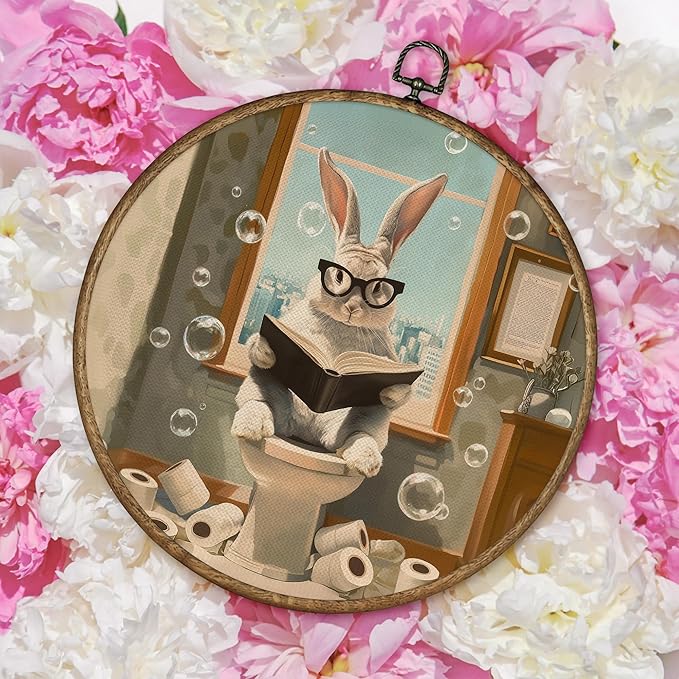TLESKE Funny Bathroom Bunny Rabbit Round Wall Art Decor 10x10, Bunny Rabbit Sitting on Toilet Framed Canvas Wall Art Prints Artwork, Easter Bunny Wall Hanging Room Door Decor for Bathroom Toilet