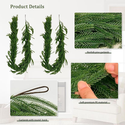 TOKCARE 6FT Real Touch Norfolk Pine Garland, 2 Pcs Artificial Christmas Greenery Garland for Mantle, Fireplace, Table, Indoor Outdoor Xmas Decor