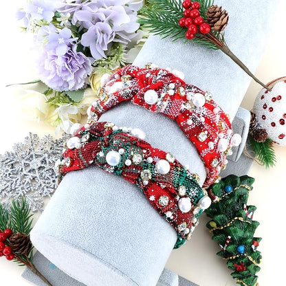 CUBACO 2 Pcs Christmas Headband for Women White Pearl Rhinestone Crystal Jeweled Embellished Hairband Wide Top Knot Headpieces Christmas Holiday Party Decoration Accessories(Red Green Plaid Headband)