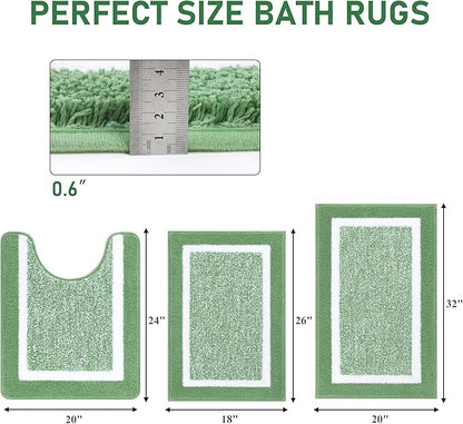 Pauwer Bathroom Rugs Sets 3 Piece Bathroom Shower Rugs with U-Shaped Contour Toilet Mat Absorbent Microfiber Plush Bath Mats Non Slip Bath Rugs Machine Washable Shaggy Floor Mats, Green