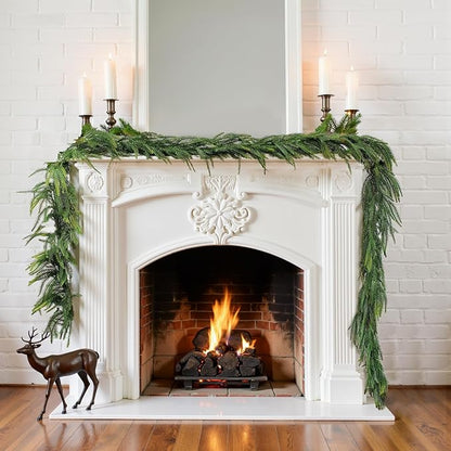 9FT Pre-Lit Artificial Christmas Garland with LED String Lights,Norfolk Pine Garland, Christmas Decorations Indoor Table Mantle Background Wall Room Winter Garland Outdoor Indoor Christmas Decor