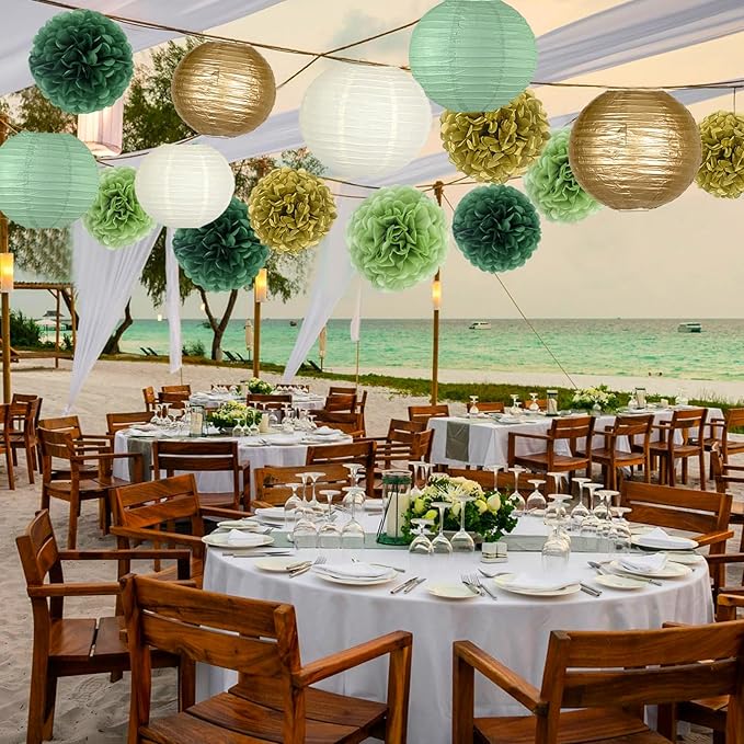 15pcs Hanging Party Decorations Set, Sage Green Gold Paper Flowers Pom Poms Balls and Paper Lanterns for Rustic Party Bridal Shower Wedding Sage Green Birthday Party Supplies