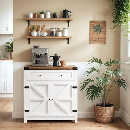YESHOMY Coffee Bar and Accent Cabinet, Farmhouse Barn Door Buffet Sideboard with Drawer and Adjustable Shelf, Wide Desktop for Kitchen, Dining Room, Bathroom, Entryway, White＆Rustic